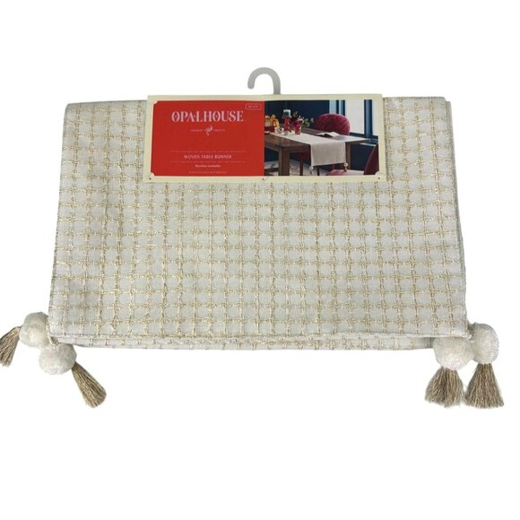Opal House Woven Table Runner Cream Gold Metallic Sparkle Bohemian Tassels NEW - Picture 2 of 16